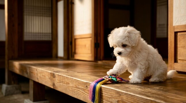 White Maltipoo puppy playing with a traditional Korean silk norigae on a wooden floor, cinematic lighting