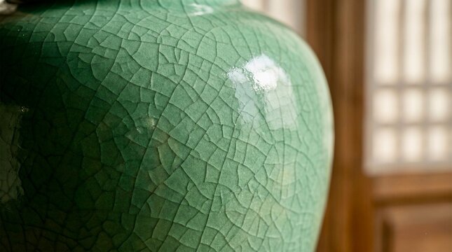 Extreme close-up macro photography of Korean celadon porcelain showing fine crackle glaze texture