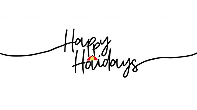 Happy Holidays calligraphy handwriting text reveal animation with colorful umbrella icon, 4K UHD, minimal white background for holiday greeting content