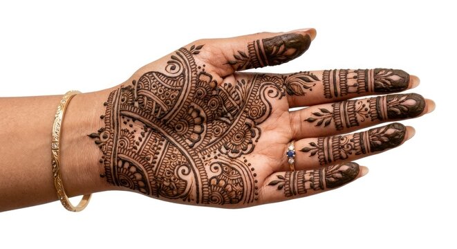 A hand adorned with intricate henna designs on the palm and fingers, isolated on white background, showcasing traditional indian mehndi art