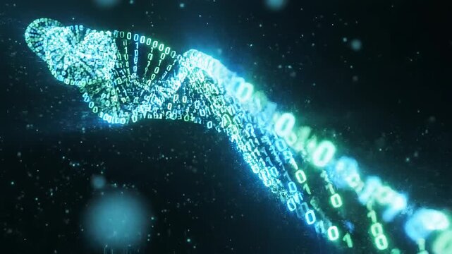 Glowing digital DNA helix with binary code.