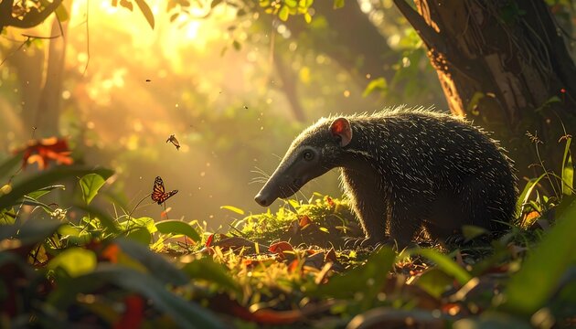 A sunlit scene of a furry animal in a lush forest, with butterflies fluttering and light beams illuminating the vibrant foliage