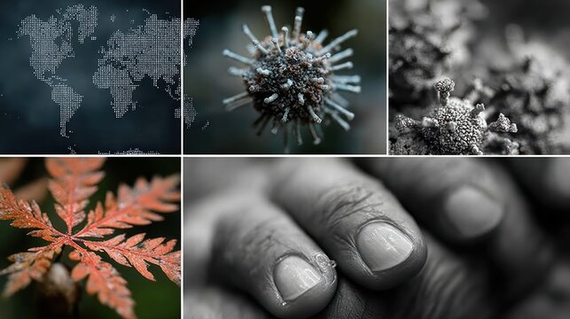 Global Health Crisis Collage: Pandemic Threat, Microscopic View, and Human Impact