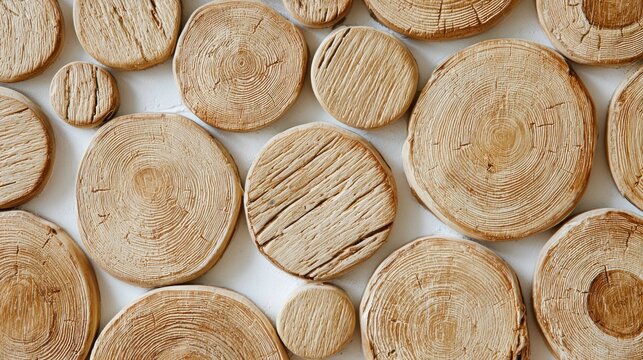 Close up view of cut tree trunk sections arranged on white surface