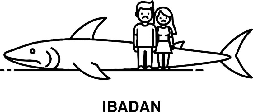 Sad couple and large fish with city text