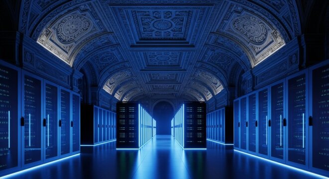A futuristic data center corridor showcasing ornate classical vault ceilings combined with glowing blue server racks in a grand hall, security, tech, vault