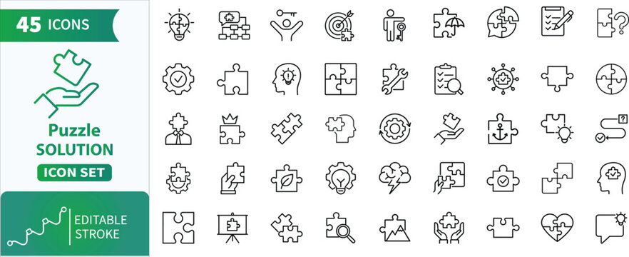 Puzzle solution line icons set. Collection of puzzle and solution themed linear icons for problem solving and strategy