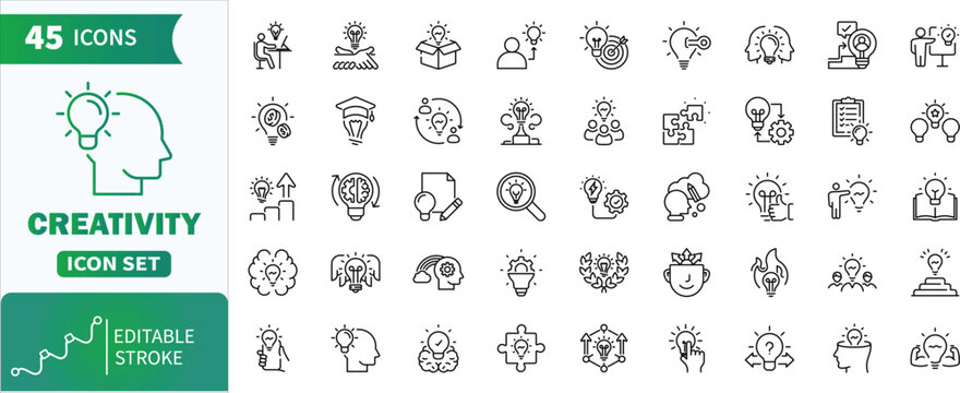 Creativity icon set . Collection of line icons illustrating concepts of creativity, inspiration, and solution