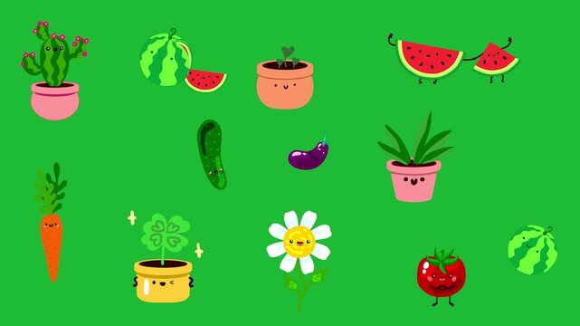 Colorful cartoon vegetable garden plants.