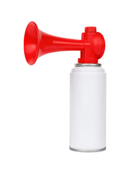 Red air horn attached to a white aerosol can isolated on a clean background, emergency signaling device for sports events, safety alerts, celebrations, and marine communication