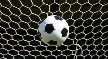 Fototapeta premium Soccer ball stuck in black goal net