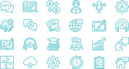 Education icons set featuring line symbols for learning language communication technology and academic business development growth © Septarim