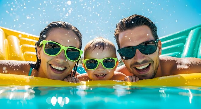 Happy Family Enjoying Water Slide Adventure Together.