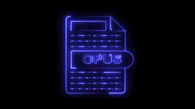 Glowing blue neon OPUS file format extension animation on a black background, audio compression, music streaming, or software development