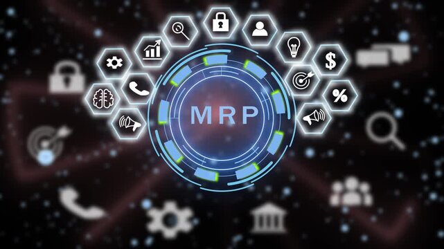 Dynamic requirements planning mrp concept featuring animated digital interface hud with business and strategic supply chain management data visualization