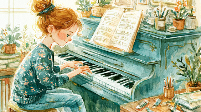  楽譜を開いたピアノで静かに演奏する子どもの姿を描いた、やわらかな印象のイラスト作品、音楽教室やレッスンの雰囲気に合う親しみやすい一枚、教育素材、発表会、園児、幼児、水彩イラスト、手描き、子ども、女の子、ピアノ、演奏、音楽、楽譜、練習、レッスン、習い事、音楽教室、発表会、集中、成長、日常、人物、キッズ、室内、インテリア、楽器、教育、保育、児童、幼児、挿絵、絵本風、広告、ブログ、ストック素材、商用利