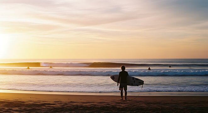 surfer walking on beach at sunset with board