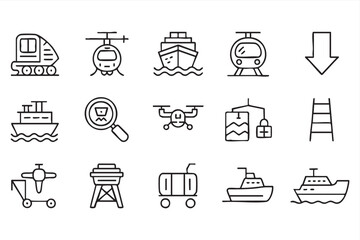 Black and White Transportation Icons With Ferry, Cable Car, Luggage and Aircraft Elements © Icon Nest