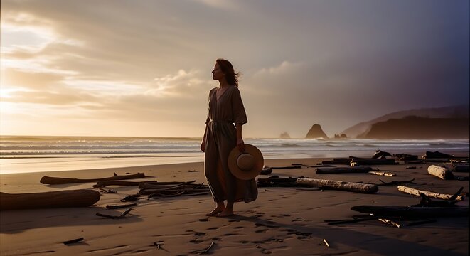 woman in long dress walking on beach at golden hour with dramatic clouds