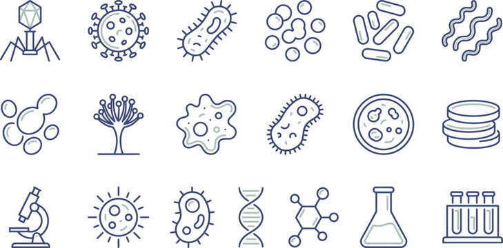 Microbiology icon set featuring various microscopic organisms bacteria viruses and scientific laboratory research equipment for analysis