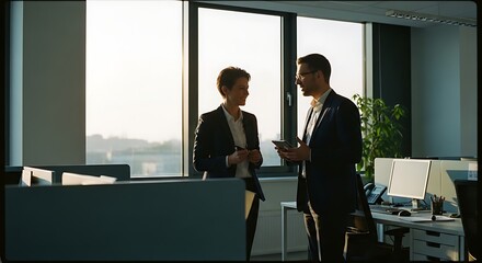 Plakat business professionals handshake modern office with city view natural light