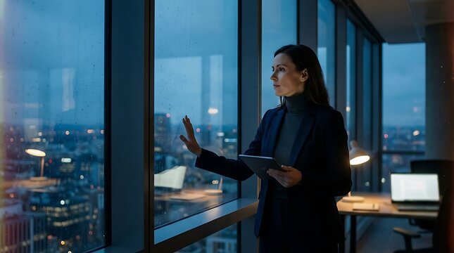 professional woman gesturing during evening cityscape meeting from modern office