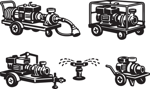 Portable fire pumps and hydrant illustration set black and white vector graphic