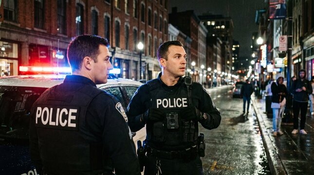 Professional police officers on duty observing city street with body cameras