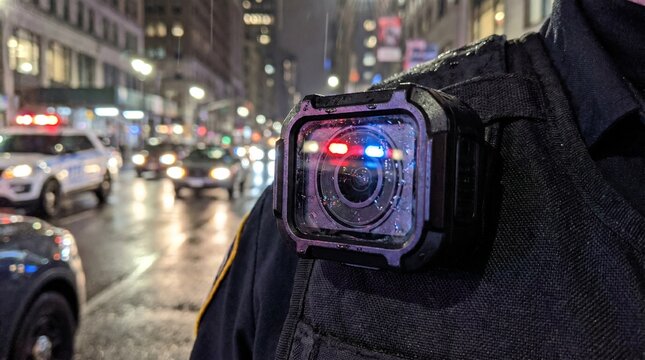 Full body cinematic shot of a police officer with body camera