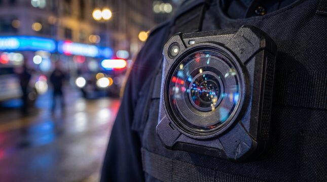 Full body cinematic shot of a police officer with body camera