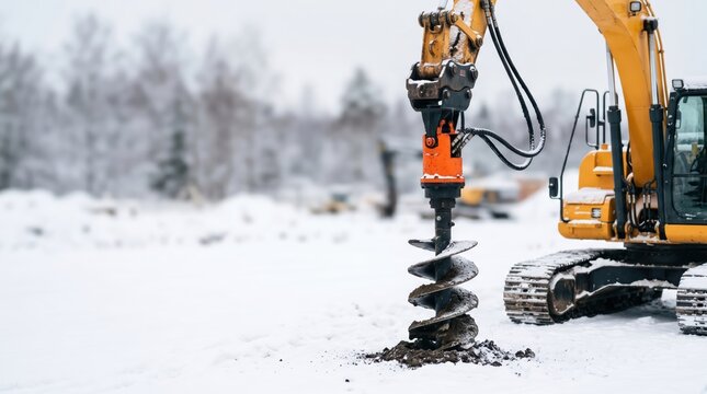 Excavator drilling soil auger in snowy construction site