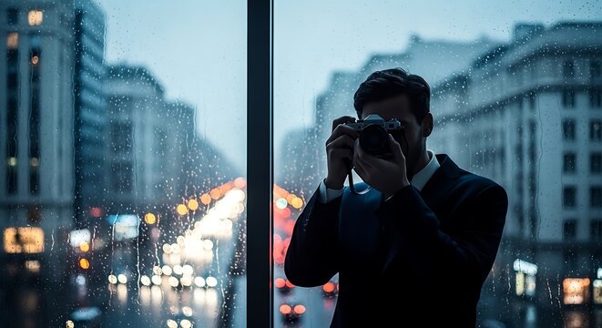 photographer capturing rainy cityscape through window with reflections and bokeh lights