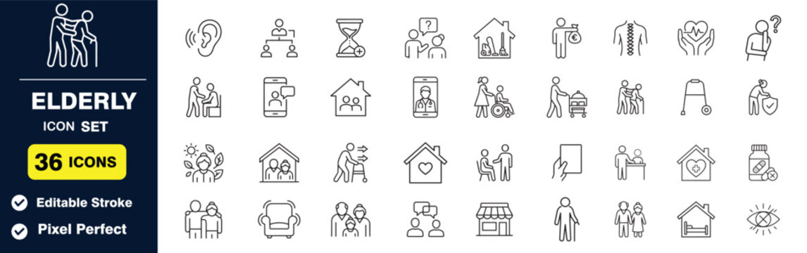 Senior Care  Line Icon Set. Elderly Support and Healthcare Vector Collection.