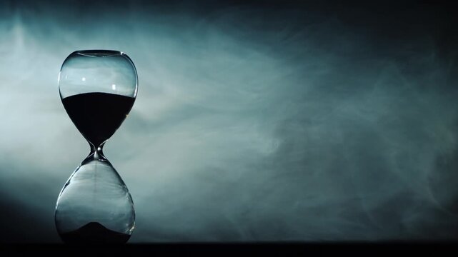 Sand flowing in vintage glass hourglass against swirling dark smoke background.