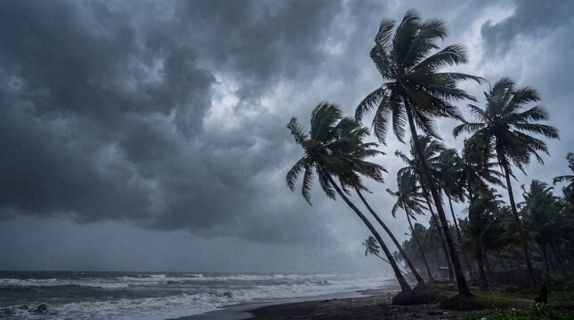 Dramatic dark monsoon storm clouds over a tropical beach with coconut palm trees bending in strong wind