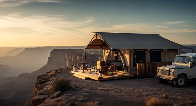 rustic wooden cabin at sunset with vintage off-road vehicle on cliff edge