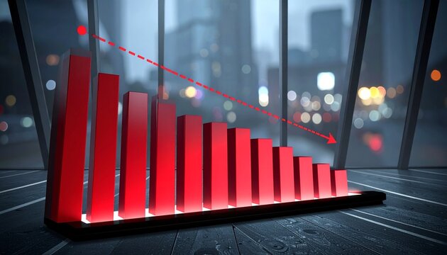 Red bars descend across a blurred cityscape, arrow pointing downward, symbolizing decline, economic downturn, and the challenges of resilience, adaptation, and recovery in business and society.
