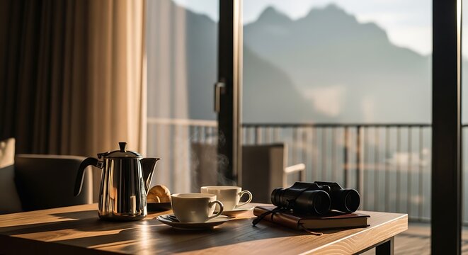 modern kitchen with mountain view and fresh coffee setup by large window