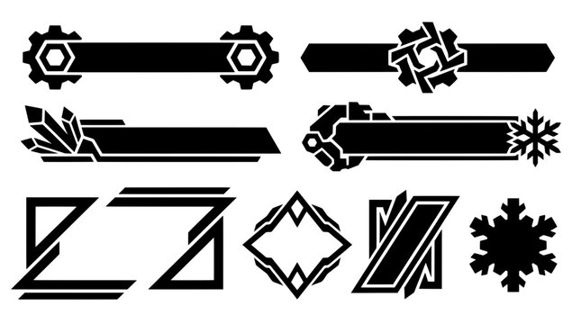 Black silhouette mechanical gear lower thirds, diagonal sci-fi HUD frames, simple winter snowflakes, and tech diamond badges for gaming screen design