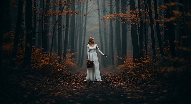 mystical woman in white dress walking through enchanted autumn forest with golden light rays