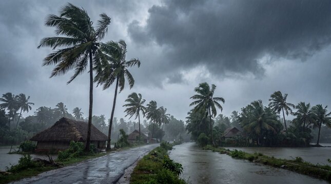Monsoon rain landscape of Kerala village with coconut trees, stormy sky, flooded backwaters, and traditional huts during a heavy tropical rainstorm in India.