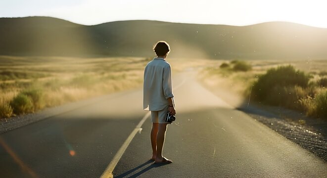 young traveler with backpack walking on empty desert road at golden hour