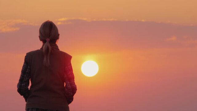 Rear view of young woman standing in beautiful field watching vivid sunset sky.
