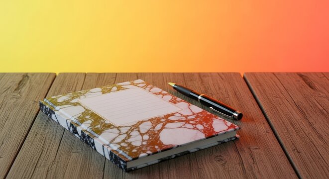 A classic composition notebook with a black and white marble pattern cover rests on a rustic wooden desk beside a sleek black ink pen, book, desk, notebook