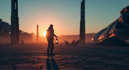 Fototapeta premium silhouette of astronaut walking on alien desert planet at sunset with futuristic ruins