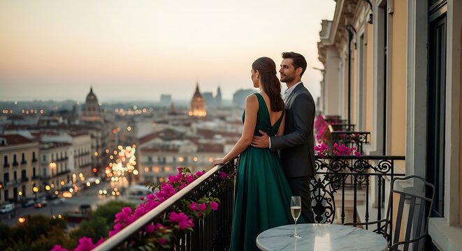 Romantic Couple on Balcony with City View at Dusk