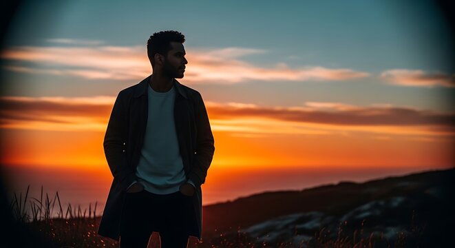 man in silhouette standing on hill at sunset