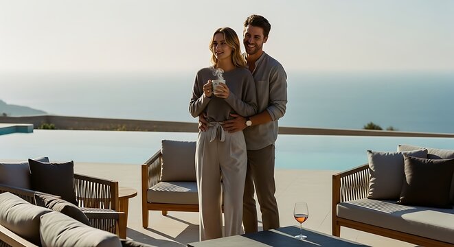happy couple toasting with wine on luxury rooftop terrace with ocean view at sunset