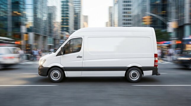 Blank White Delivery Van Driving on Modern City Street for Branding Mockup