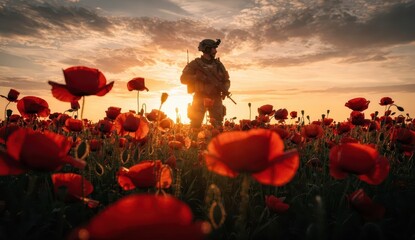 Naklejka premium Soldier stands among poppies at sunset with warm light shining in the background